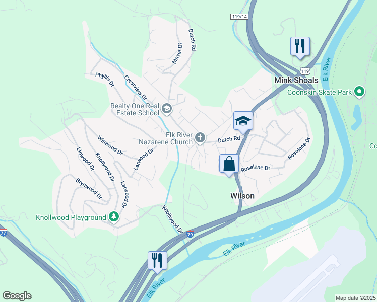 map of restaurants, bars, coffee shops, grocery stores, and more near in Big Chimney