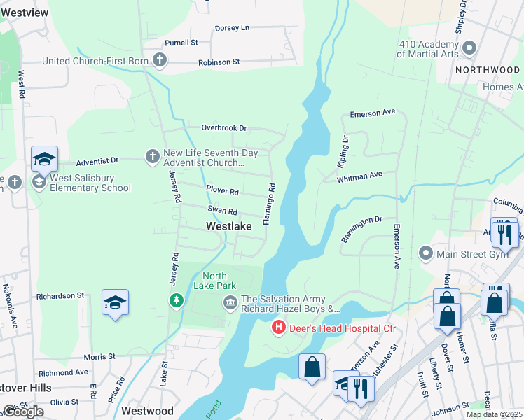 map of restaurants, bars, coffee shops, grocery stores, and more near 400 Swan Road in Salisbury