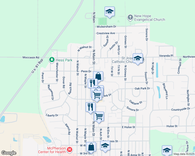 map of restaurants, bars, coffee shops, grocery stores, and more near 1460 North Main Street in McPherson