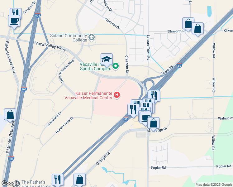 map of restaurants, bars, coffee shops, grocery stores, and more near 1 Quality Drive in Vacaville