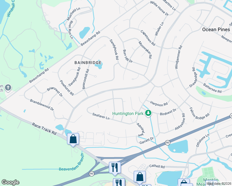 map of restaurants, bars, coffee shops, grocery stores, and more near 92 Ocean Parkway in Ocean Pines