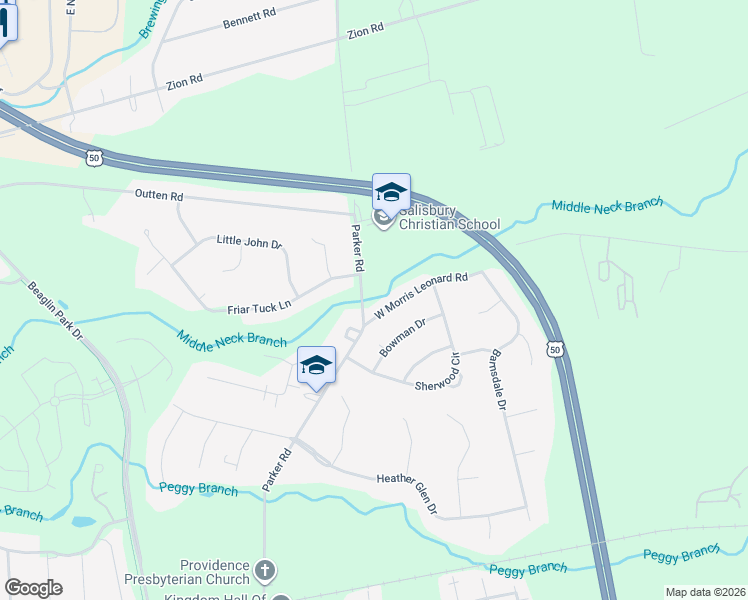 map of restaurants, bars, coffee shops, grocery stores, and more near 703 West Morris Leonard Road in Salisbury