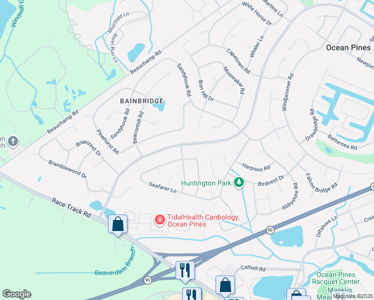 map of restaurants, bars, coffee shops, grocery stores, and more near 92 Ocean Parkway in Ocean Pines