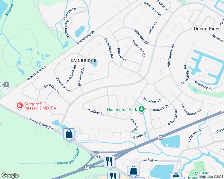map of restaurants, bars, coffee shops, grocery stores, and more near 94 Ocean Parkway in Ocean Pines
