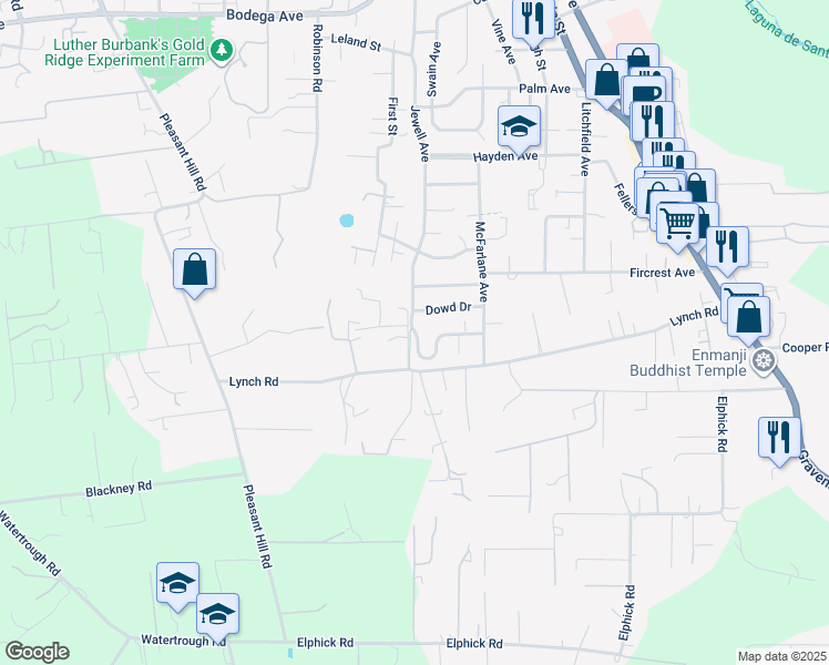map of restaurants, bars, coffee shops, grocery stores, and more near 7591 Meadowlark Drive in Sebastopol