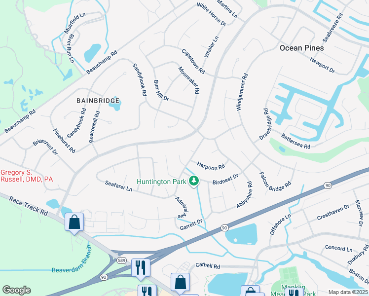 map of restaurants, bars, coffee shops, grocery stores, and more near 5 Lighthouse Court in Ocean Pines
