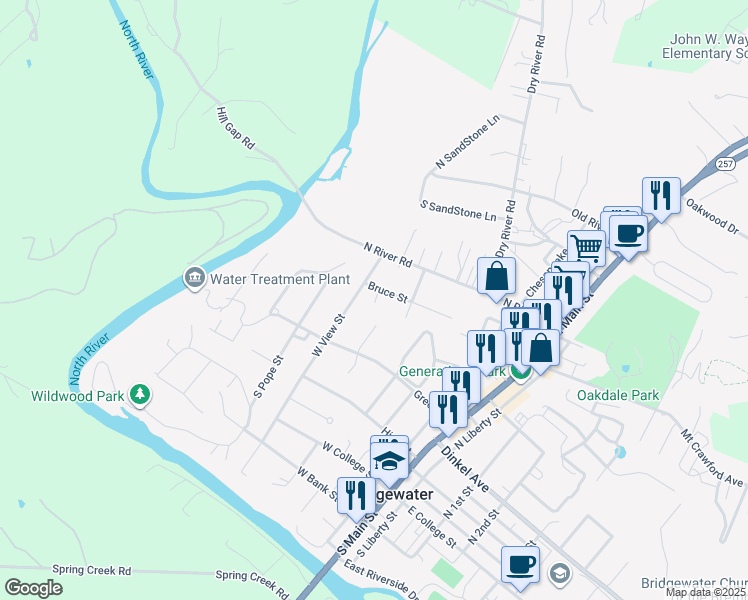map of restaurants, bars, coffee shops, grocery stores, and more near 310 North May Court in Bridgewater