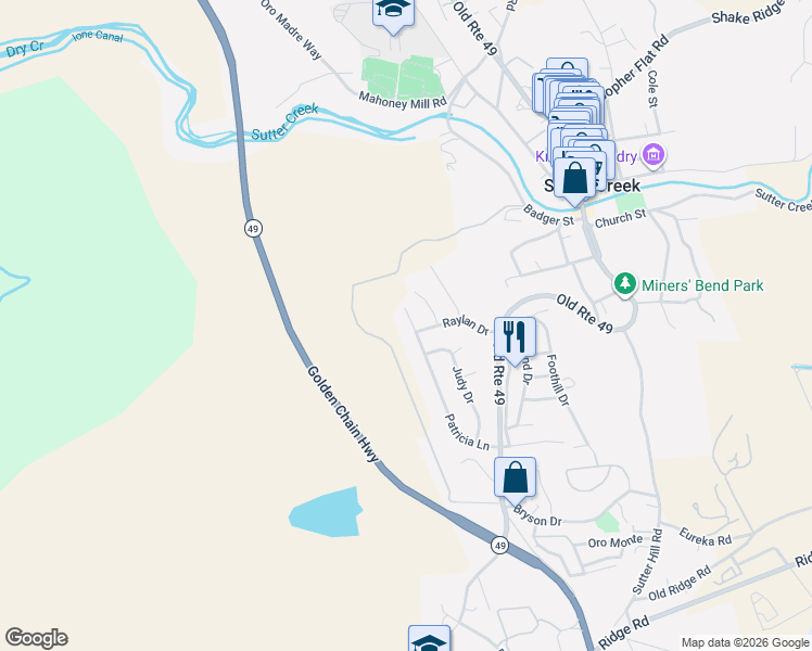 map of restaurants, bars, coffee shops, grocery stores, and more near 149 Patricia Lane in Sutter Creek