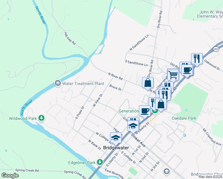 map of restaurants, bars, coffee shops, grocery stores, and more near 310 North May Court in Bridgewater