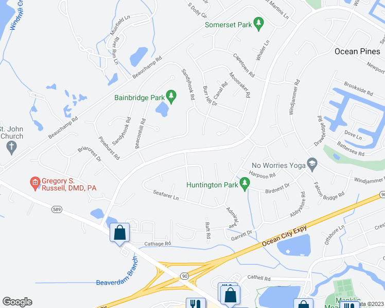 map of restaurants, bars, coffee shops, grocery stores, and more near 94 Ocean Parkway in Ocean Pines