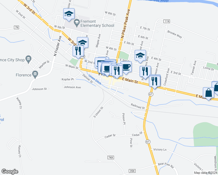 map of restaurants, bars, coffee shops, grocery stores, and more near 101 Prospect Avenue in Florence
