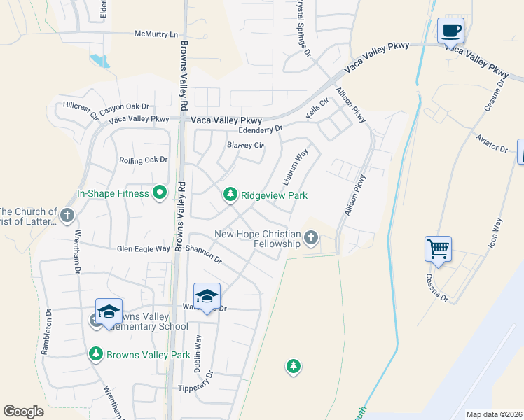map of restaurants, bars, coffee shops, grocery stores, and more near 731 Derry Circle in Vacaville