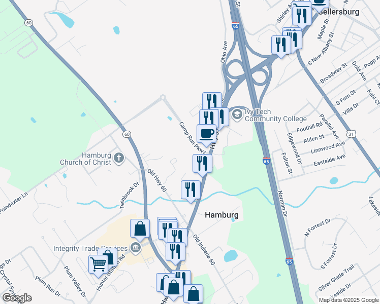 map of restaurants, bars, coffee shops, grocery stores, and more near 100-198 Enterprise Way in Sellersburg