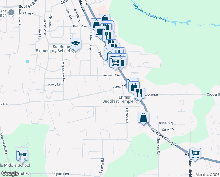 map of restaurants, bars, coffee shops, grocery stores, and more near 7142 Lynch Road in Sebastopol