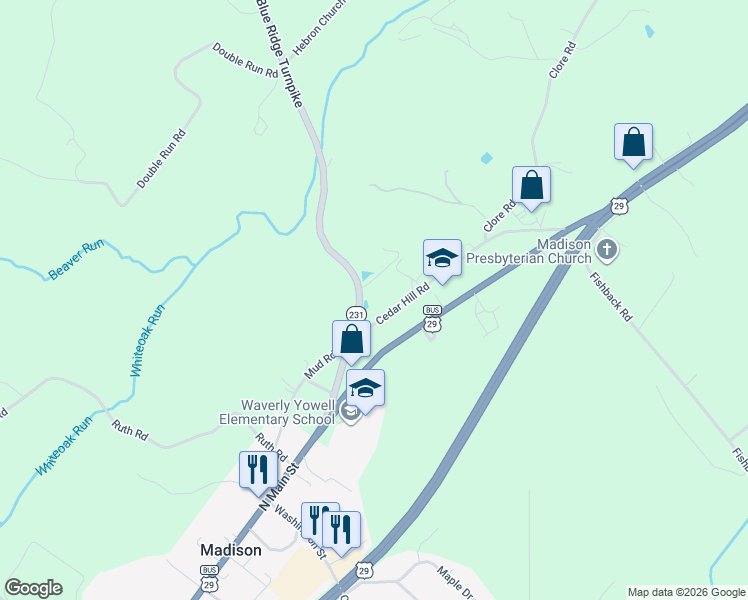 map of restaurants, bars, coffee shops, grocery stores, and more near 256 North Blue Ridge Turnpike in Madison