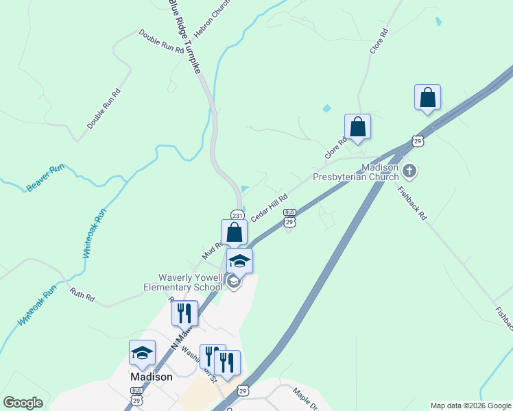 map of restaurants, bars, coffee shops, grocery stores, and more near 256 North Blue Ridge Turnpike in Madison