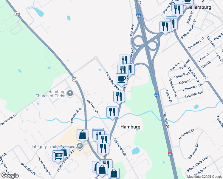 map of restaurants, bars, coffee shops, grocery stores, and more near 9007 Camp Run Parkway in Sellersburg