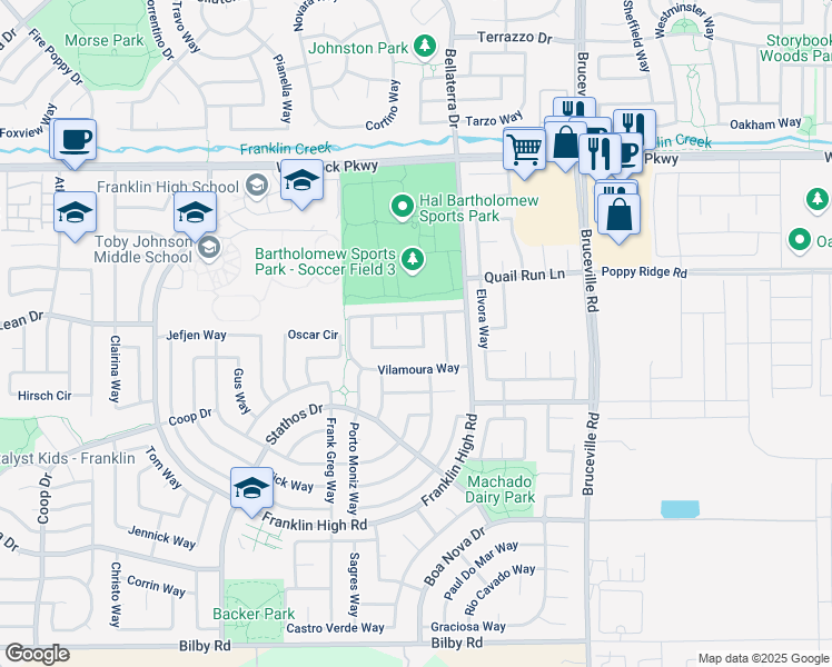 map of restaurants, bars, coffee shops, grocery stores, and more near 6308 Vilamoura Way in Elk Grove