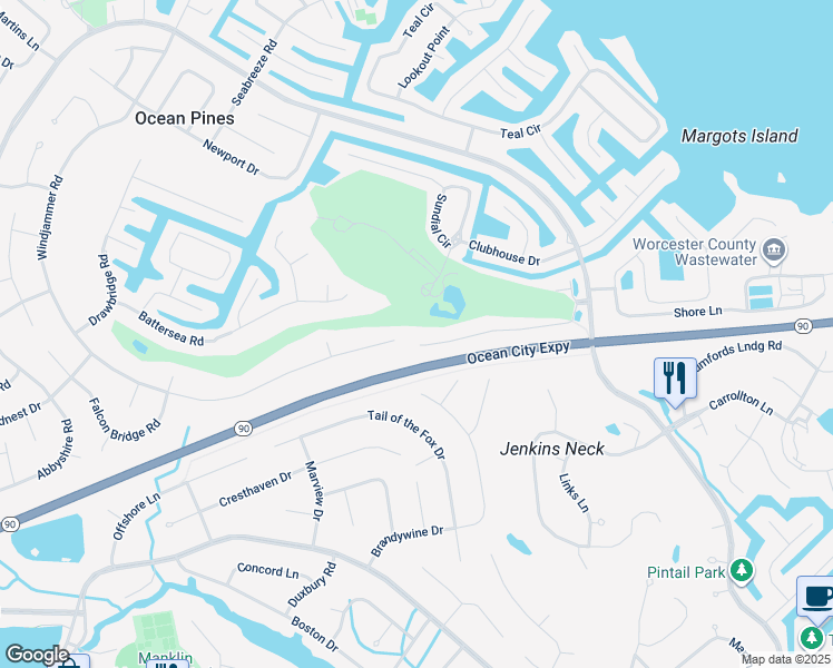 map of restaurants, bars, coffee shops, grocery stores, and more near 438 Ocean Parkway in Ocean Pines