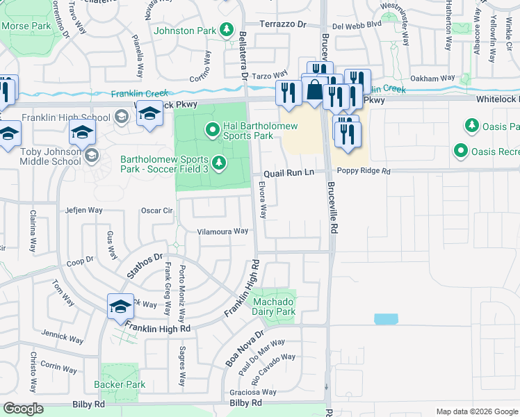map of restaurants, bars, coffee shops, grocery stores, and more near 3 Franklin High Road in Elk Grove