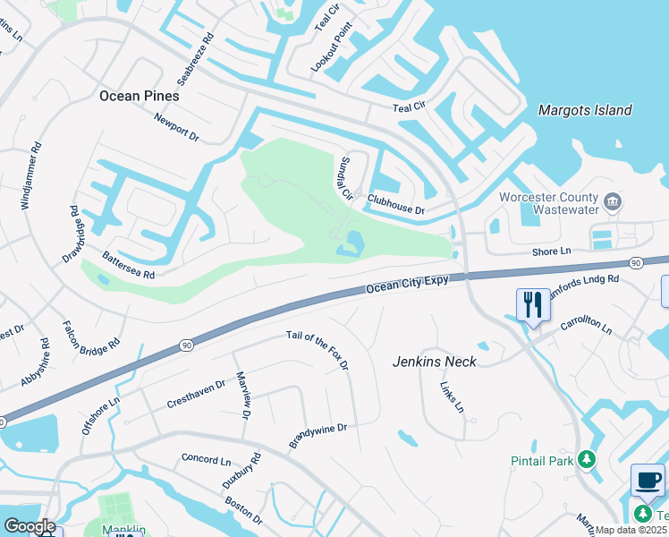 map of restaurants, bars, coffee shops, grocery stores, and more near 438 Ocean Parkway in Ocean Pines