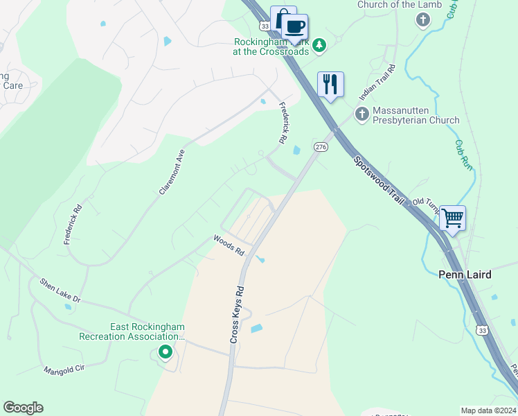 map of restaurants, bars, coffee shops, grocery stores, and more near 130 Berwick Drive in Harrisonburg