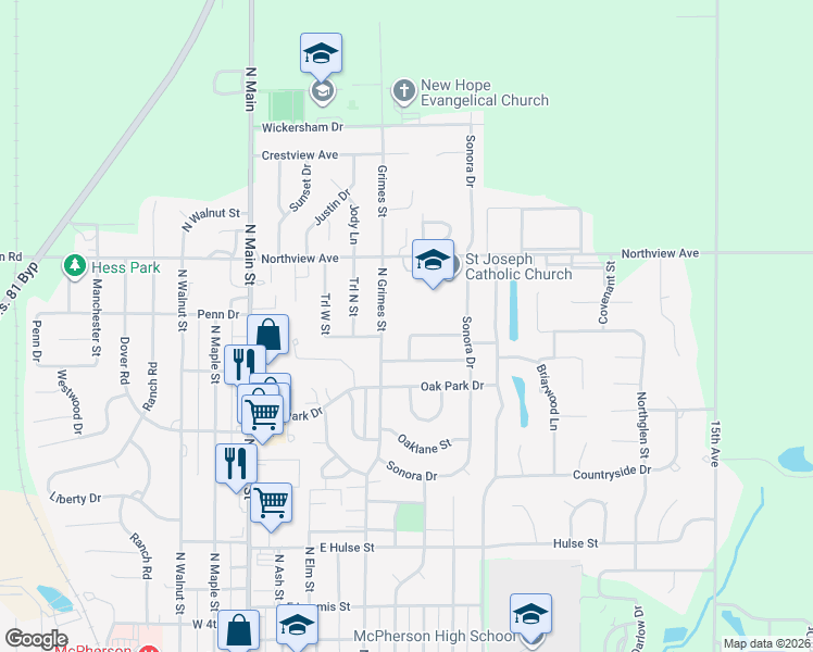 map of restaurants, bars, coffee shops, grocery stores, and more near 411 Randolph Road in McPherson