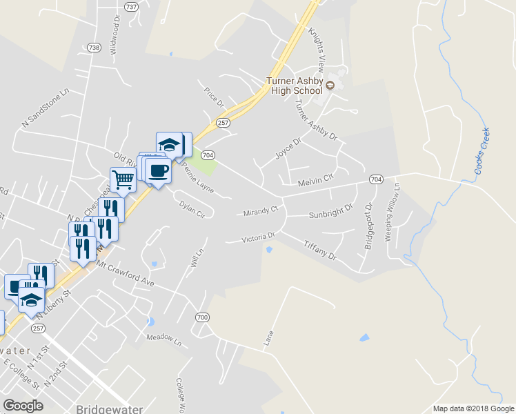 map of restaurants, bars, coffee shops, grocery stores, and more near 104 Mirandy Court in Bridgewater