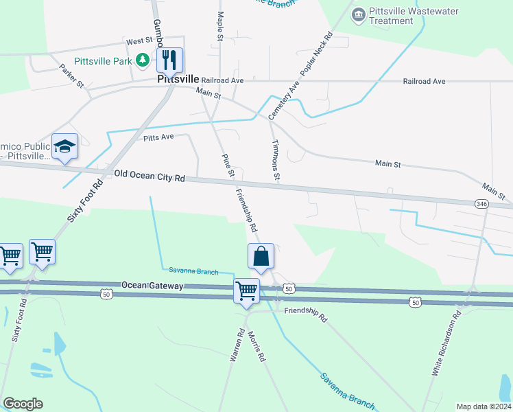 map of restaurants, bars, coffee shops, grocery stores, and more near 7237 Friendship Road in Pittsville