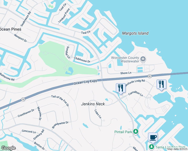 map of restaurants, bars, coffee shops, grocery stores, and more near 438 Ocean Parkway in Ocean Pines