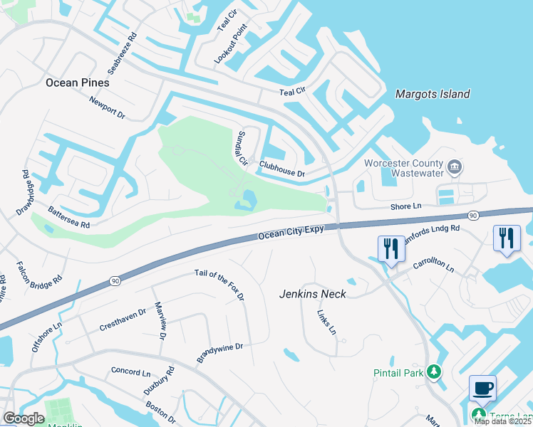 map of restaurants, bars, coffee shops, grocery stores, and more near 438 Ocean Parkway in Ocean Pines