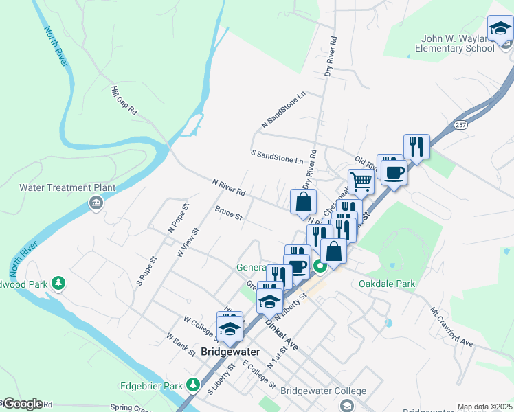 map of restaurants, bars, coffee shops, grocery stores, and more near 322 N River Rd in Bridgewater