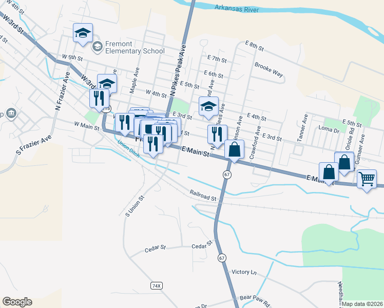 map of restaurants, bars, coffee shops, grocery stores, and more near 216 East Main Street in Florence