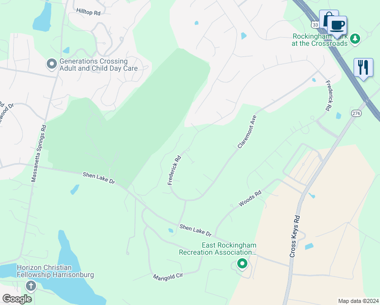 map of restaurants, bars, coffee shops, grocery stores, and more near 1115 Frederick Road in Harrisonburg