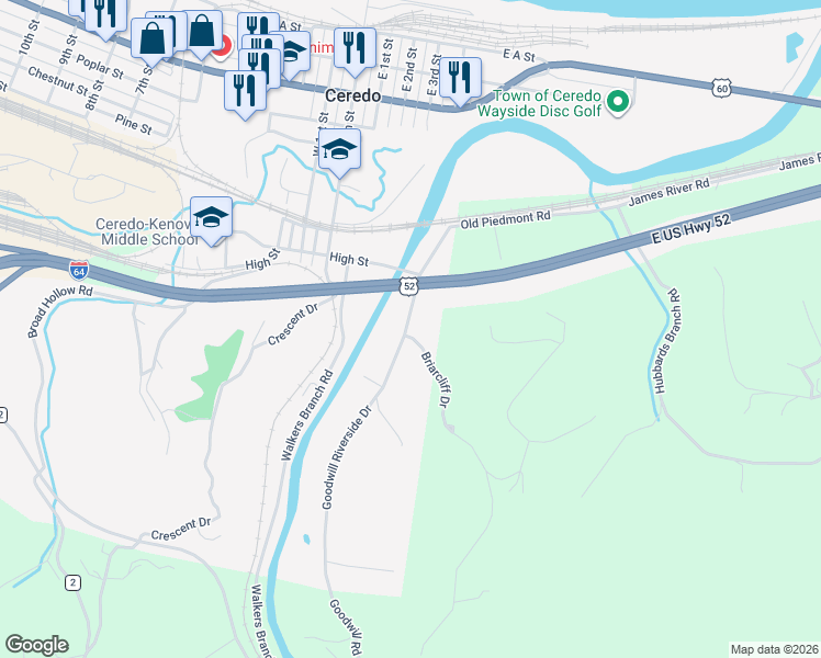 map of restaurants, bars, coffee shops, grocery stores, and more near 106 Goodwill Road in Huntington