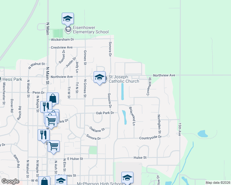 map of restaurants, bars, coffee shops, grocery stores, and more near 1517 North High Drive in McPherson