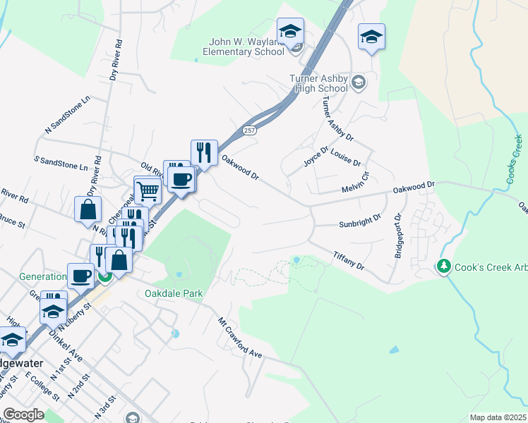 map of restaurants, bars, coffee shops, grocery stores, and more near 119 Pennie Layne in Bridgewater
