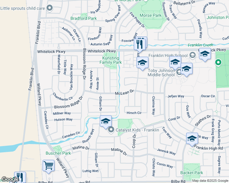 map of restaurants, bars, coffee shops, grocery stores, and more near 5313 McLean Drive in Elk Grove