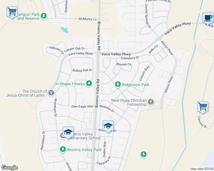 map of restaurants, bars, coffee shops, grocery stores, and more near 912 Bluewater Drive in Vacaville