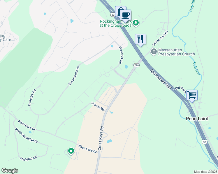 map of restaurants, bars, coffee shops, grocery stores, and more near 111 Macallister Way in Harrisonburg