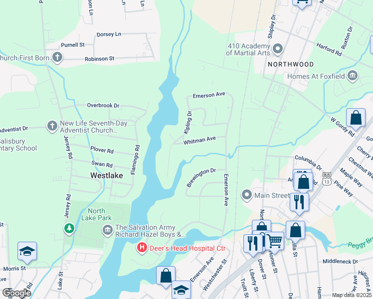 map of restaurants, bars, coffee shops, grocery stores, and more near 318 Whitman Avenue in Salisbury