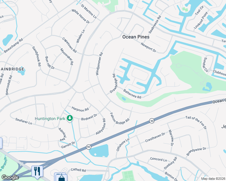 map of restaurants, bars, coffee shops, grocery stores, and more near 8 Drawbridge Road in Ocean Pines