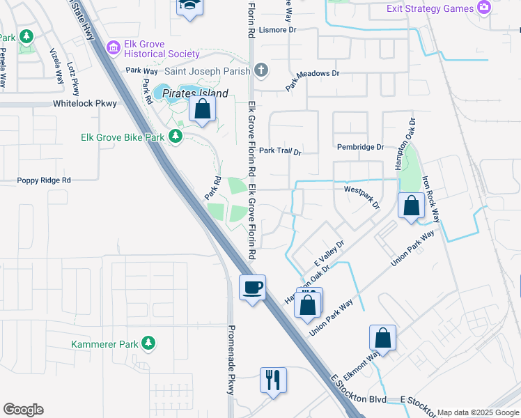 map of restaurants, bars, coffee shops, grocery stores, and more near 8904 Mineral King Court in Elk Grove