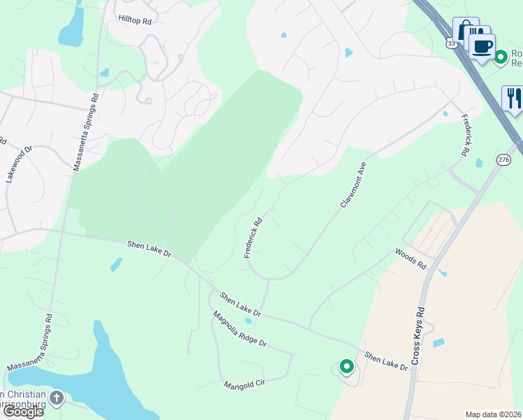 map of restaurants, bars, coffee shops, grocery stores, and more near 1130 Frederick Road in Harrisonburg