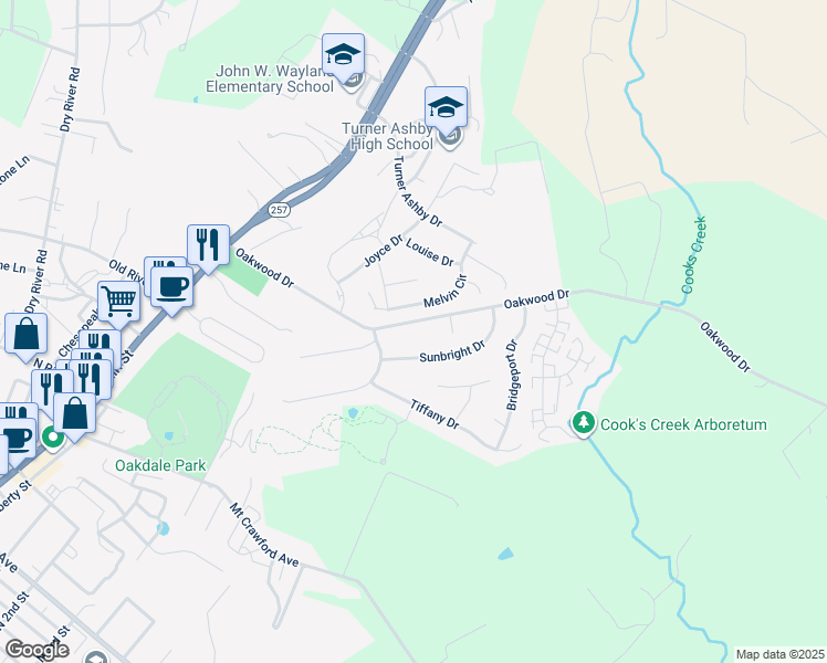 map of restaurants, bars, coffee shops, grocery stores, and more near 202 Oakwood Drive in Bridgewater