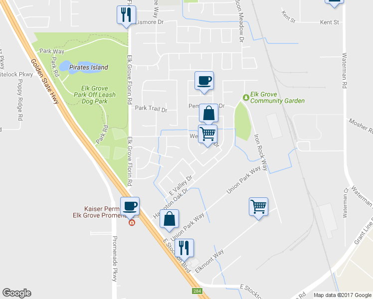 map of restaurants, bars, coffee shops, grocery stores, and more near 10120 Sheffield Oak Way in Elk Grove
