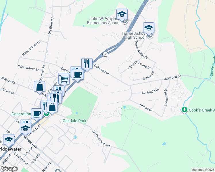 map of restaurants, bars, coffee shops, grocery stores, and more near 119 Pennie Layne in Bridgewater