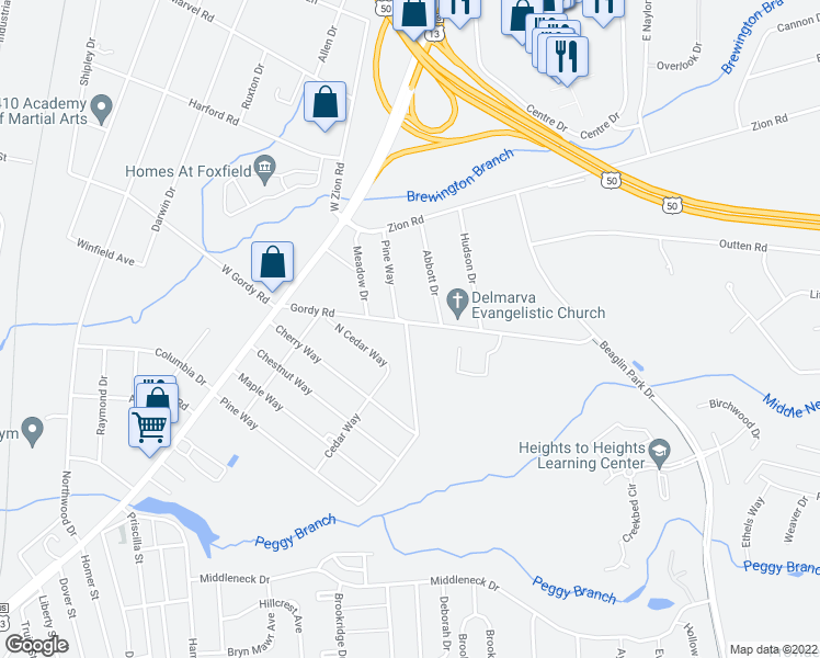 map of restaurants, bars, coffee shops, grocery stores, and more near 1969 Pine Way in Salisbury