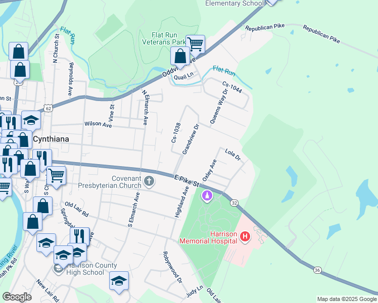 map of restaurants, bars, coffee shops, grocery stores, and more near 111 Grandview Drive in Cynthiana