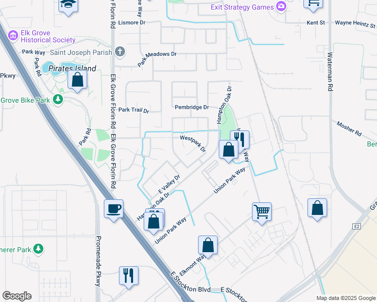 map of restaurants, bars, coffee shops, grocery stores, and more near 10140 Saintsbury Court in Elk Grove